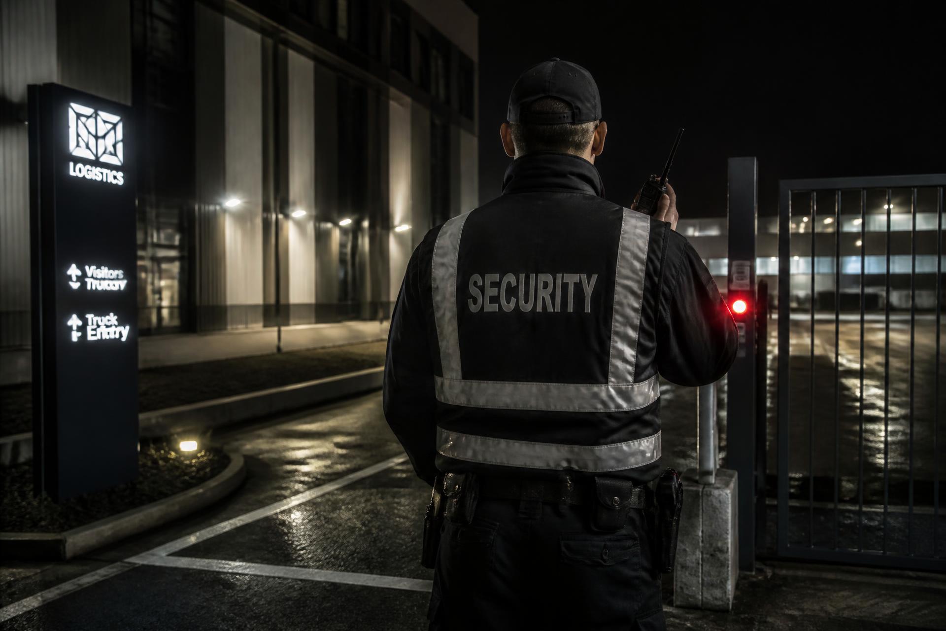 Pracovník strážnej služby KM Security pri vstupnej bráne logistického areálu v noci